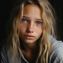 Naklejka premium girl with blue eyes, sad look, strong emotional impact. girl is on the vulnerability, insecurity, victim of domestic violence.