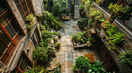 Small courtyard with natural materials, ecological and forest material, red and black, corner of relaxation and nature, top view shot