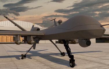 Modern combat drone armed with bombs at air base