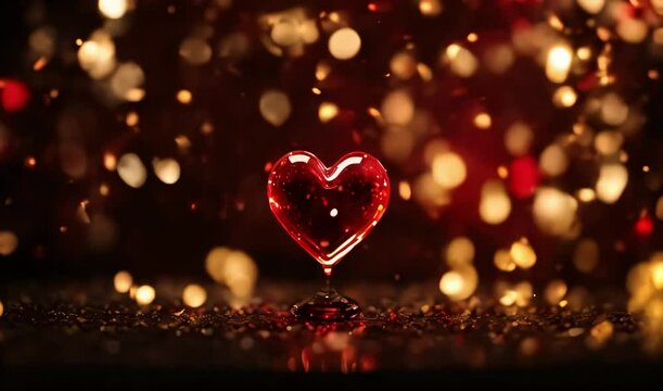 Golden glow bokeh effect Valentine background with crystal red heart shape,seamless Looping video.