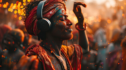 indian Young guy listening music in headphones in the fog of colors during Holi celebration
