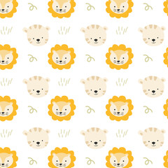 cute lion and tiger faces - seamless background. Vector illustration in boho style. 
