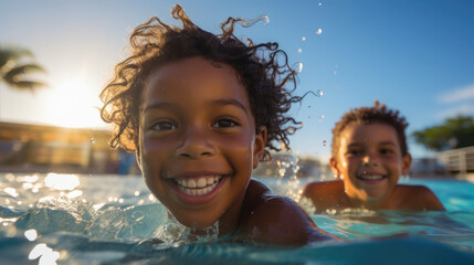 A couple of kids that are in the water. Generative AI. - obrazy, fototapety, plakaty
