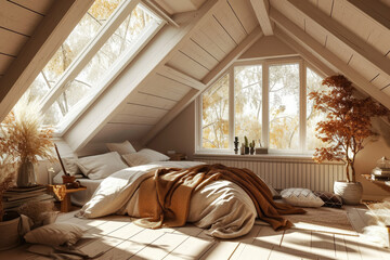 Bedroom interior decoration with Scandinavian-style, warm and cozy tone, Hygge vibe, Hygge tone and...