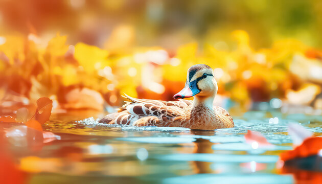 Duck swimming in the water in autumn