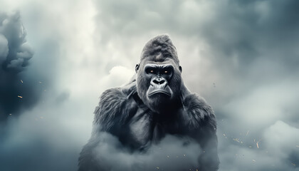 Huge gorilla on the background of thick smoke and sky