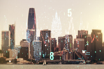 Multi exposure of virtual creative financial chart hologram on San Francisco skyscrapers...