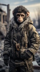 Fototapeta premium A monkey in a military uniform stands in a post-apocalyptic modern town, wearing modern survival clothing. Generative AI.