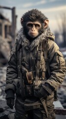 A monkey in a military uniform stands in a post-apocalyptic modern town, wearing modern survival clothing. Generative AI.