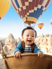 A cheerful baby boy stands in a hot air balloon, surrounded by colorful balloons against a blue sky in . Generative AI.