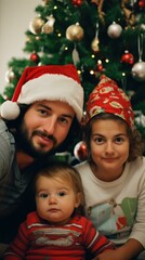 Fototapeta na wymiar A Mediterranean family of three, including a toddler, wearing hats and celebrating Christmas at home. Generative AI.