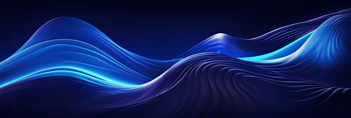 3d render, abstract minimal neon background with glowing wavy line. Dark wall illuminated with led lamps. Blue futuristic wallpaper