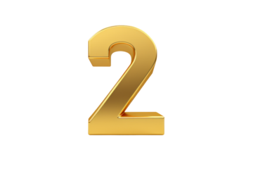Gold number 2. 3D rendering isolated on transparent background,png file
