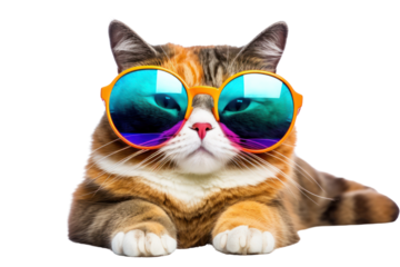 Funny colored fat cat wearing sunglasses isolated on transparent background,png file