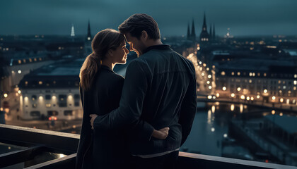 Couple standing on blurred city background, valentine's day concept