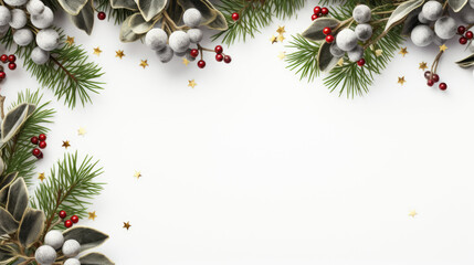 Christmas white space background with fir branches and frosted berries