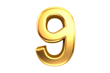 Gold number 9. 3D rendering isolated on transparent background,png file