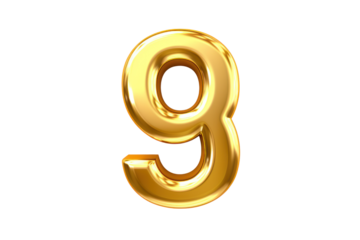 Gold number 9. 3D rendering isolated on transparent background,png file