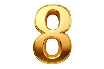 Gold number 8. 3D rendering isolated on transparent background,png file