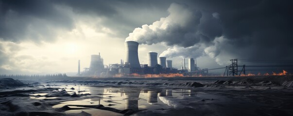 Nuclear power plant with big cooling towers in amazing background