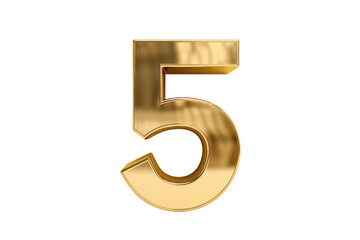 Gold number 5. 3D rendering isolated on transparent background,png file