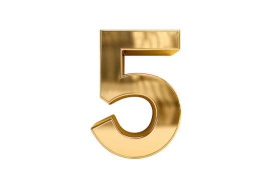 Gold number 5. 3D rendering isolated on transparent background,png file