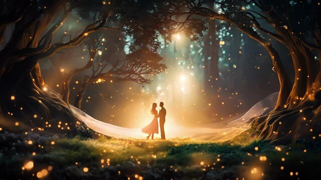A enchanted garden filled with glowing fireflies and a couple dancing under the starry sky, representing the enduring and magical nature of love.