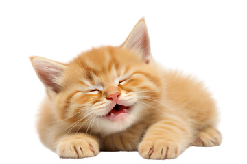 A cute little orange-gray kitten lies on its back with its front legs raised up to its ears and its eyes closed.isolated on transparent background,png file