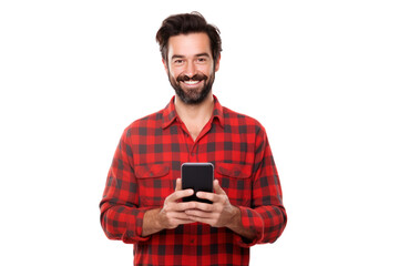 Cheerful man wearing a red plaid shirt holding a large mobile phone in his hand. Isolated on a transparent background. Png file. - obrazy, fototapety, plakaty