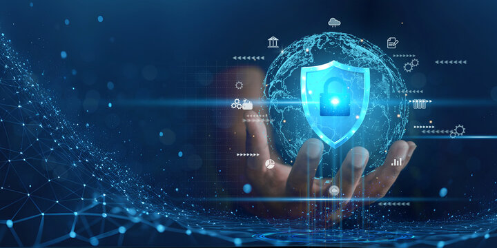 Businessman holding shield protect icon. Protection network security computer and safe your data concept, lock symbol, concept about security, cybersecurity and protection against dangers.