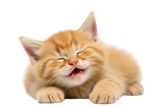 A cute little orange-gray kitten lies on its back with its front legs raised up to its ears and its eyes closed.isolated on transparent background,png file