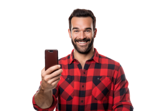 Cheerful man wearing a red plaid shirt holding a large mobile phone in his hand. Isolated on a transparent background. Png file.
