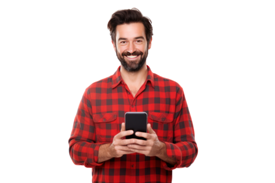 Cheerful man wearing a red plaid shirt holding a large mobile phone in his hand. Isolated on a transparent background. Png file.