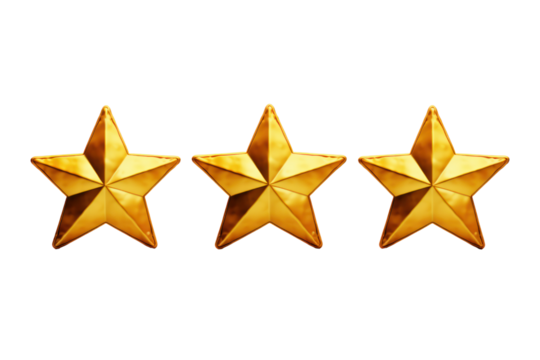 shiny yellow stars. Realistic 3D design. Three star award isolated on transparent background,png file