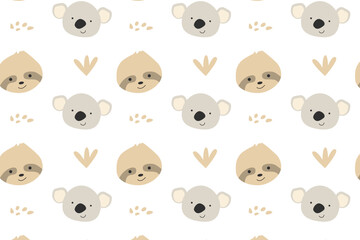 cute koala and sloth nursery background. Vector illustration isolated. Can used for baby textile, apparel, poster, print. 