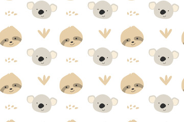 cute koala and sloth nursery background. Vector illustration isolated. Can used for baby textile, apparel, poster, print. 