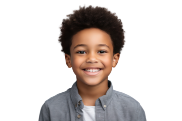 Portrait of happy African American boy looking at camera and smiling isolated on transparent background,png file