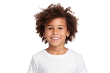 Portrait of happy African American boy looking at camera and smiling isolated on transparent background,png file