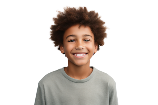 Portrait of happy African American boy looking at camera and smiling isolated on transparent background,png file