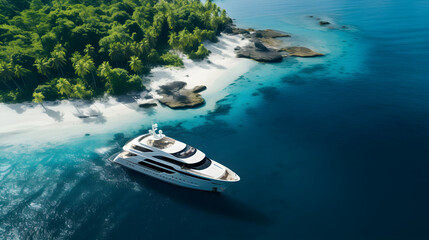 An aerial photo of a luxury yacht anchored near a tropical island, amidst the pristine waters and...