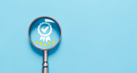 magnifying glass shows quality control, certificate standard iso digital technology. concept...