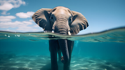 An elephant swimming in the blue sea