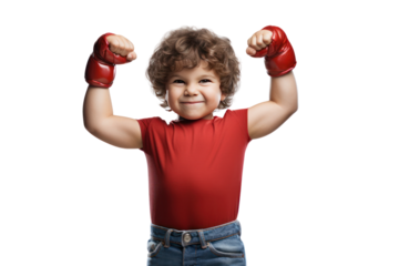 Little boy, little superhero shows off his muscular strength. isolated on transparent background,png file