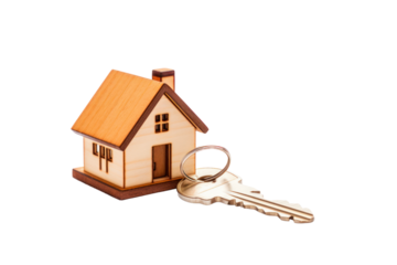 House key with house shaped keychain isolated on transparent background,png file