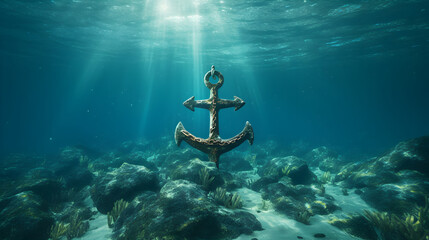 Anchor placed under water in a turquoise ocean