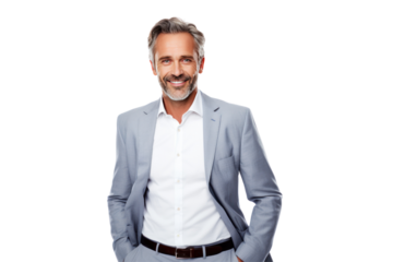 Happy middle-aged businessman CEO stands with arms crossed, smiling confidently. isolated on transparent background,png file