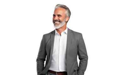 Happy middle-aged businessman CEO stands with arms crossed, smiling confidently. isolated on transparent background,png file