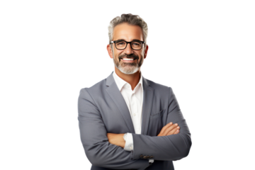 Happy middle-aged businessman CEO wearing a suit stands, smiling. isolated on transparent background,png file