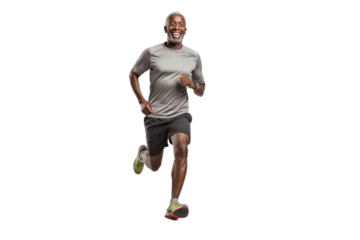 Happy black man running and exercising, smiling. isolated on transparent background,png file
