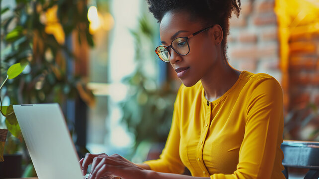 A Black Woman In Yellow Is Working On A Laptop.